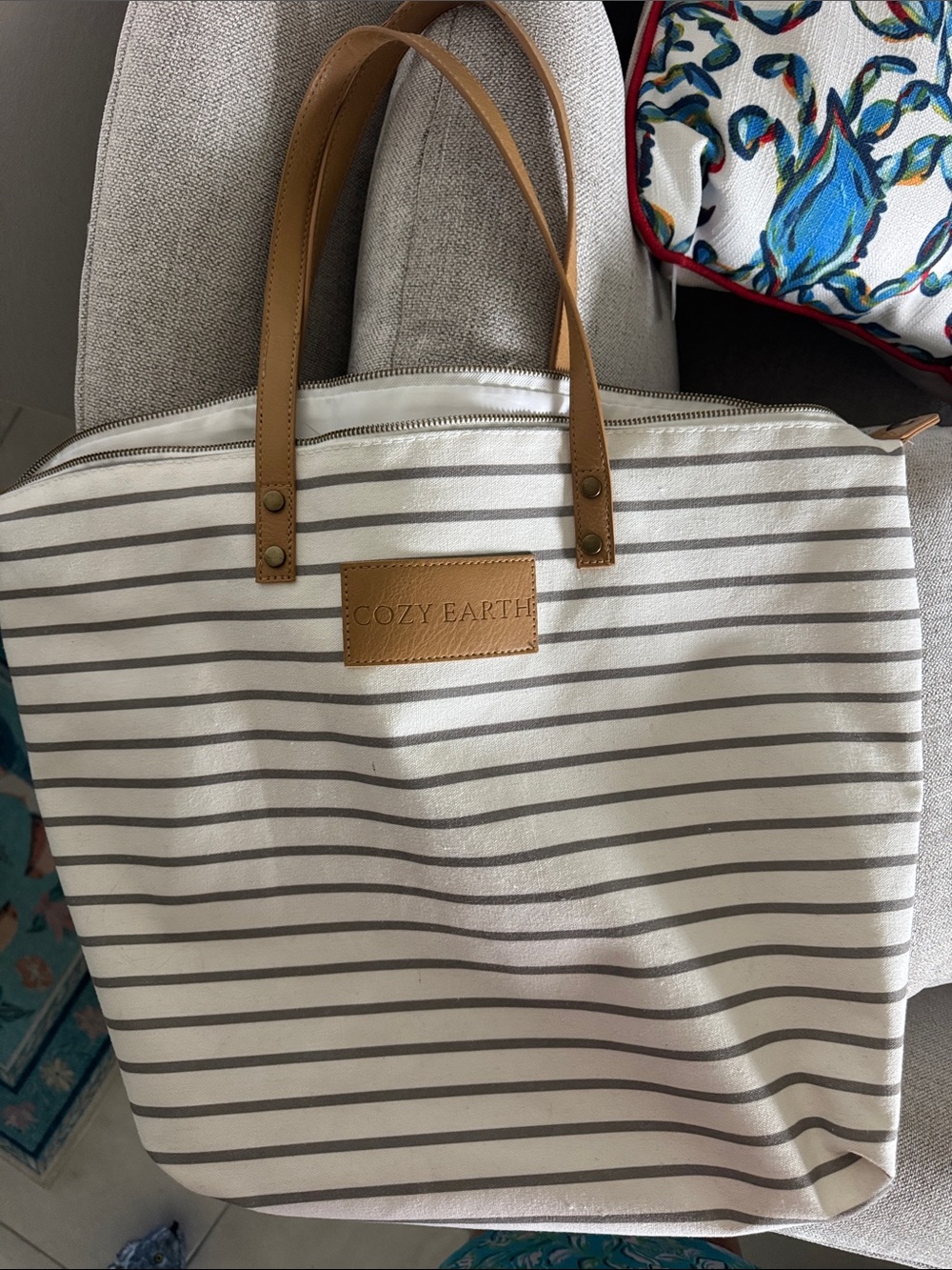 Cozy Earth Striped Canvas Large Zip Tote Bag